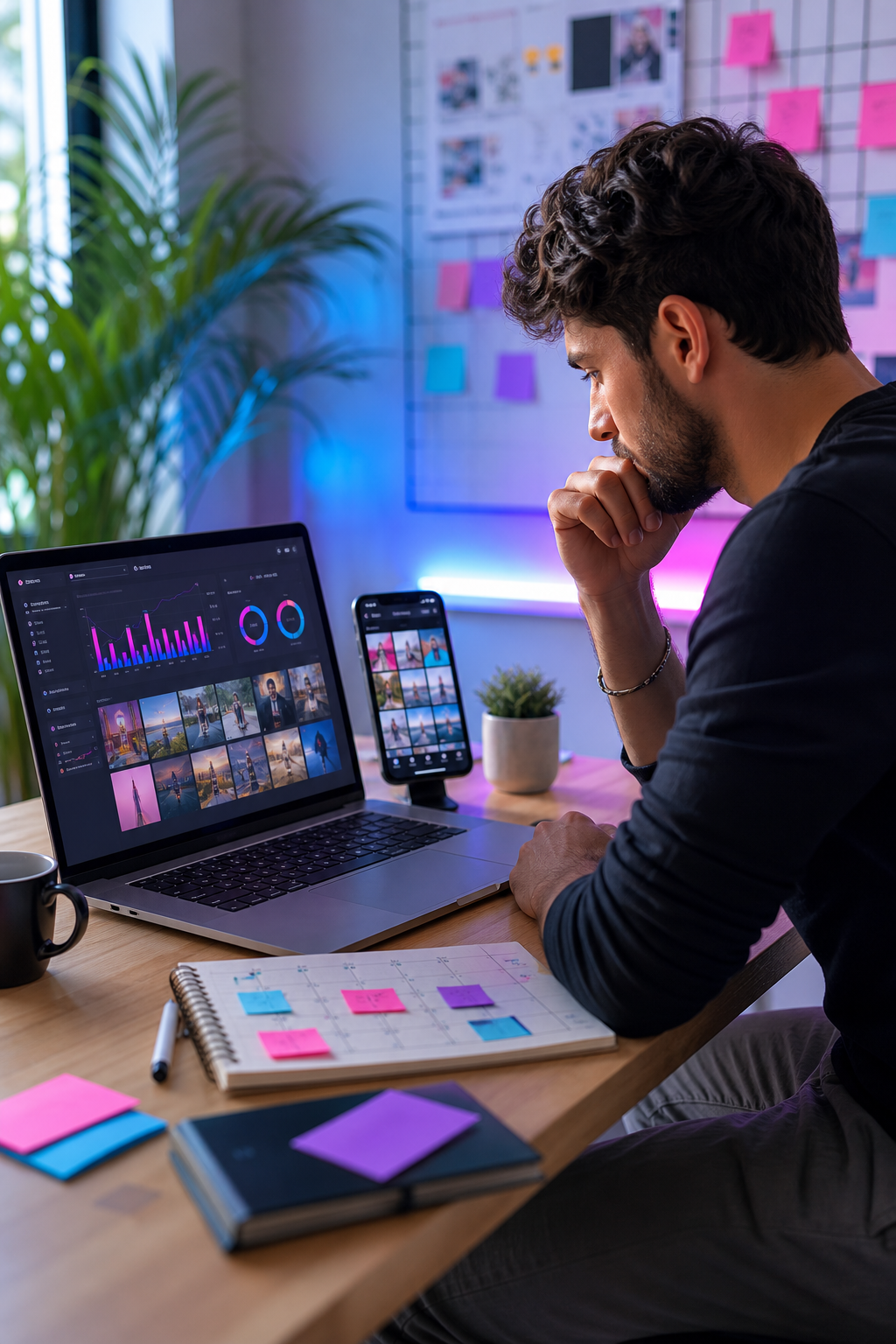 Business owner reviewing difficult social media performance on a laptop