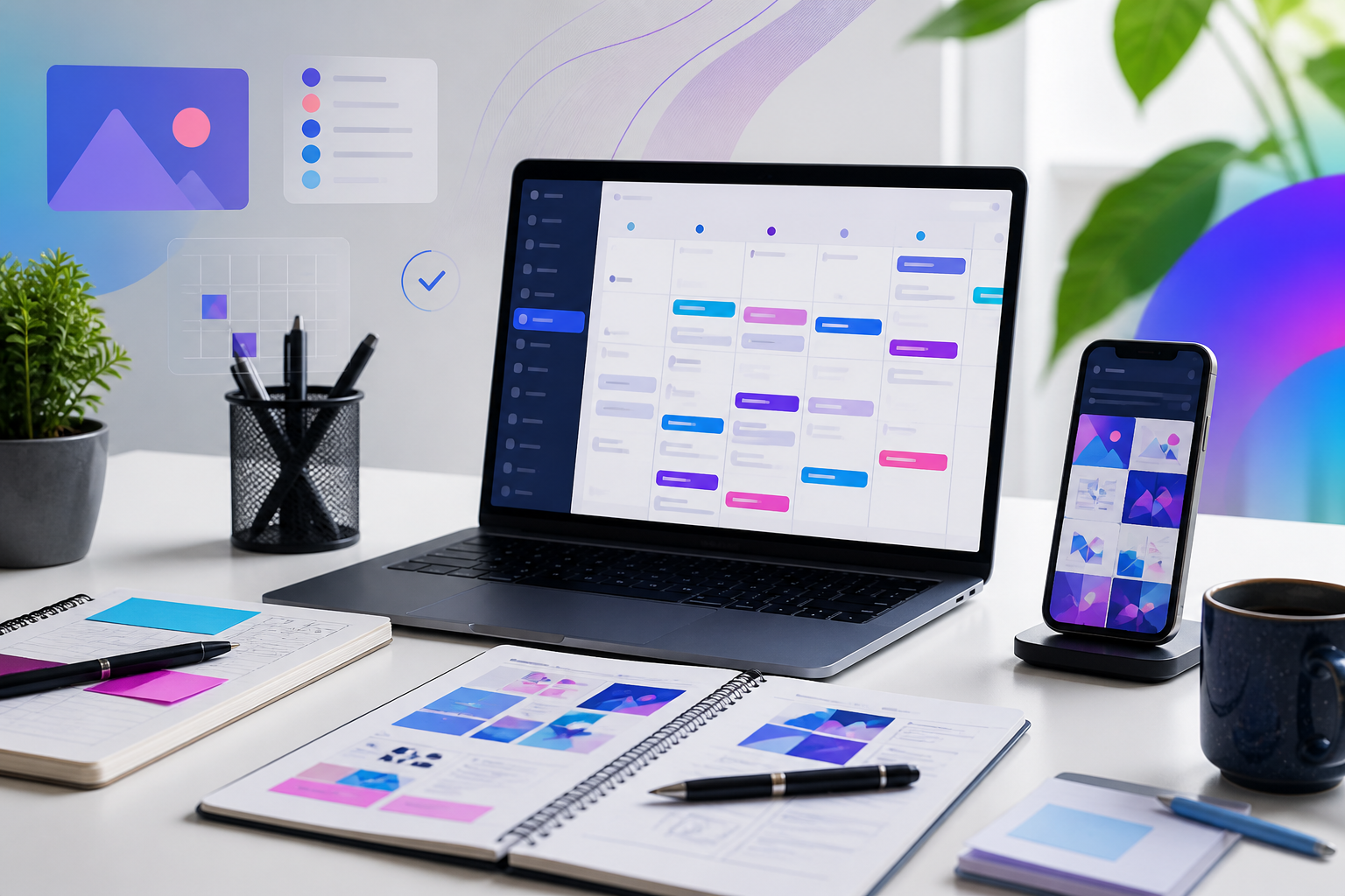 Content calendar dashboard and social media planning workspace