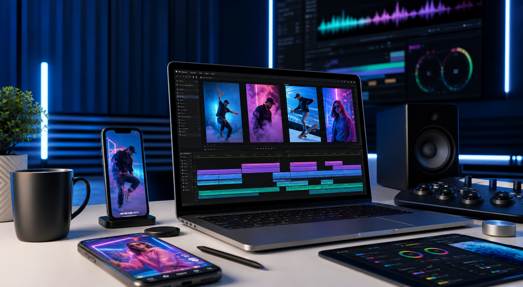 Short-form video editing timeline with vertical social media previews